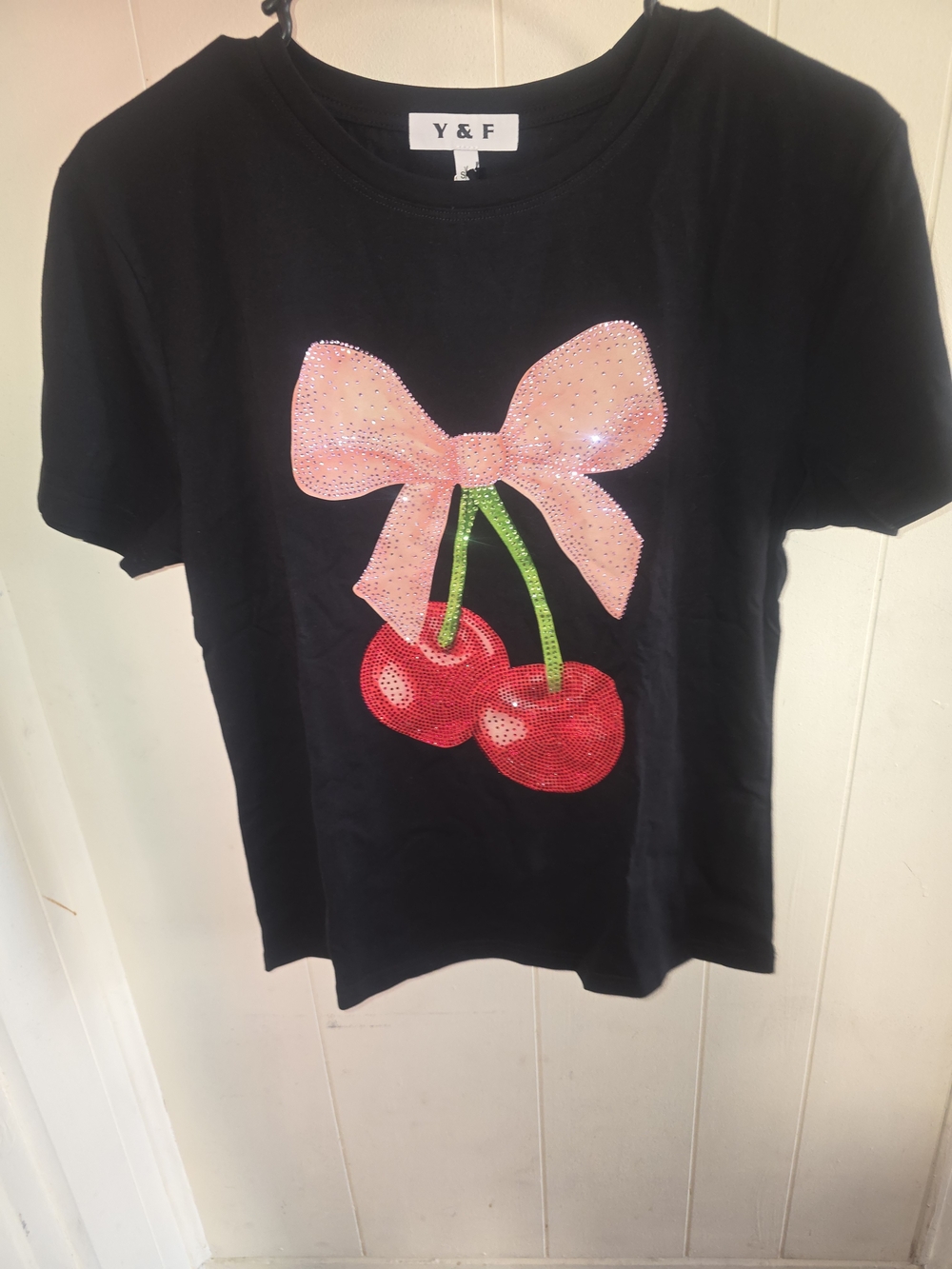 Girls' Black Tee with Pink Bow and Red Cherry Graphic